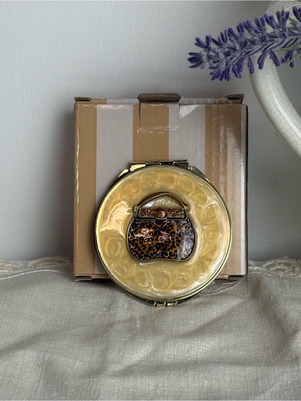 Bombay Gold-Tone Compact Mirror with Leopard Purse Accent